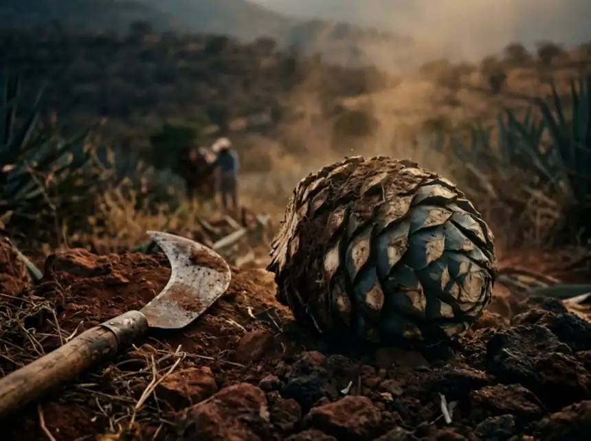 A jimador harvesting agave piñas in the field