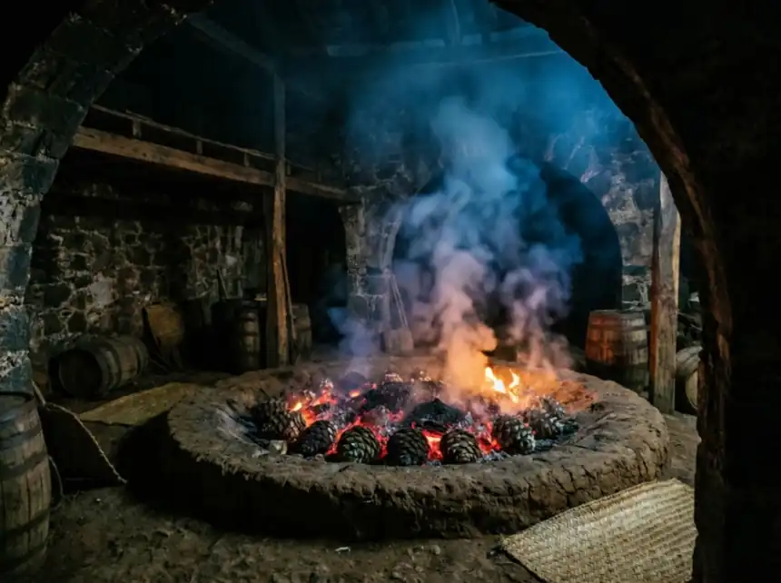 Agave piñas roasting over embers in an earthen palenque pit